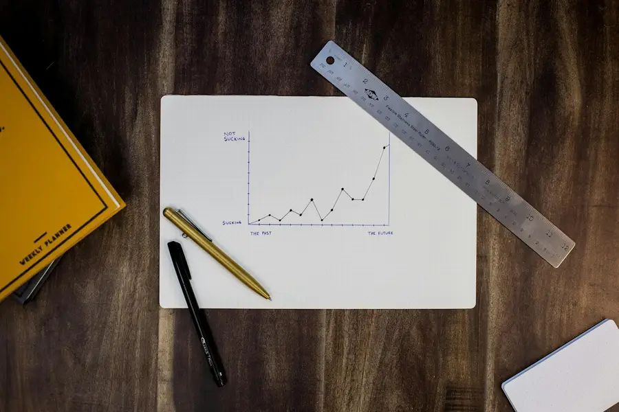 Hand-drawn chart on paper next to a ruler and pens